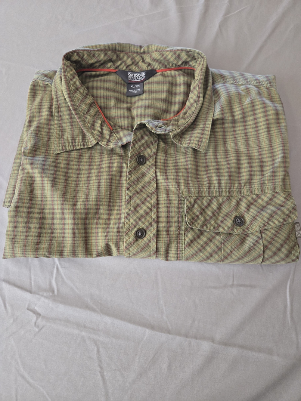 Outdoor Research Hiking Shirt Mens XL Short Sleeve Plaid Button Up Orange Green